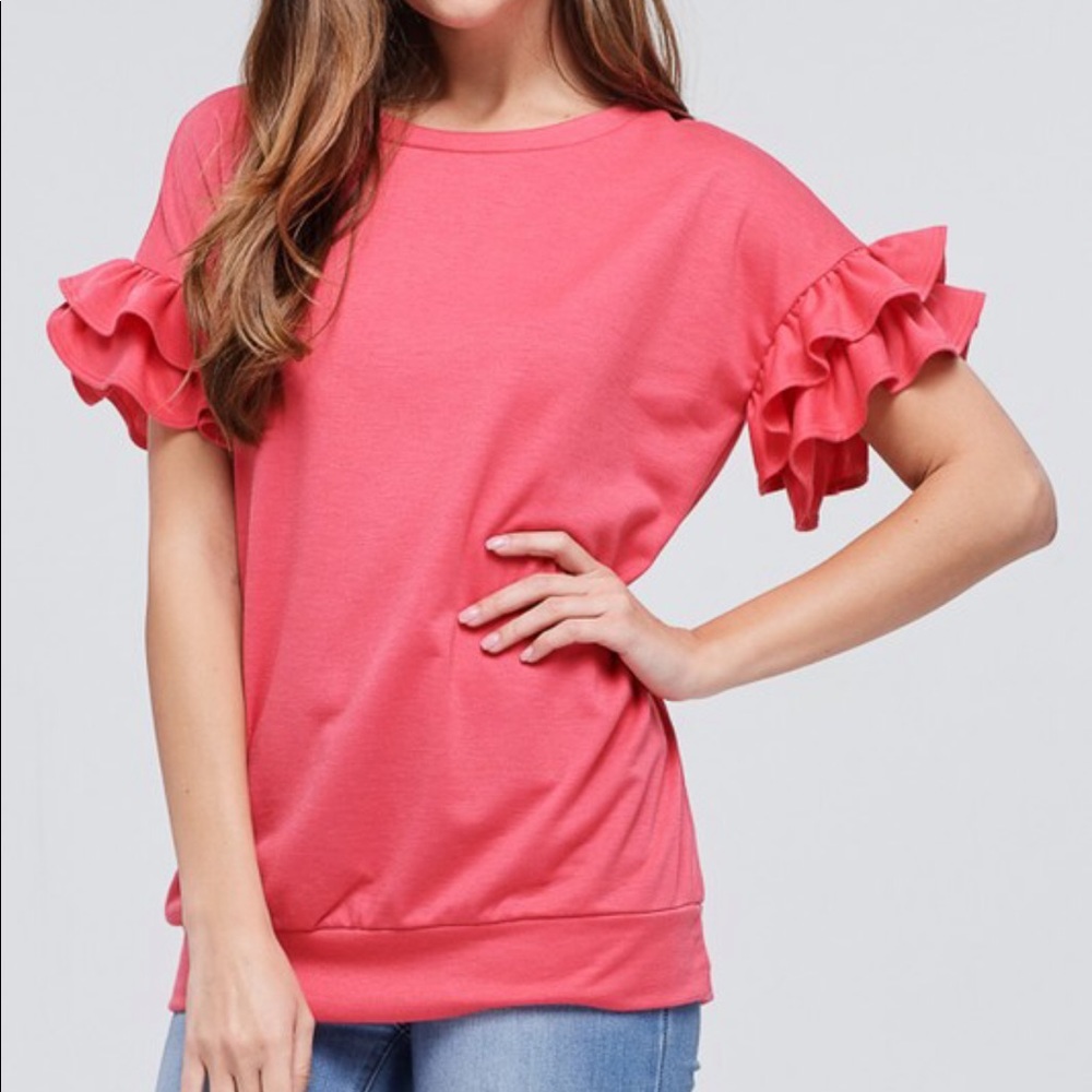 S-XL Coral Dolman Ruffled Sleeve Top